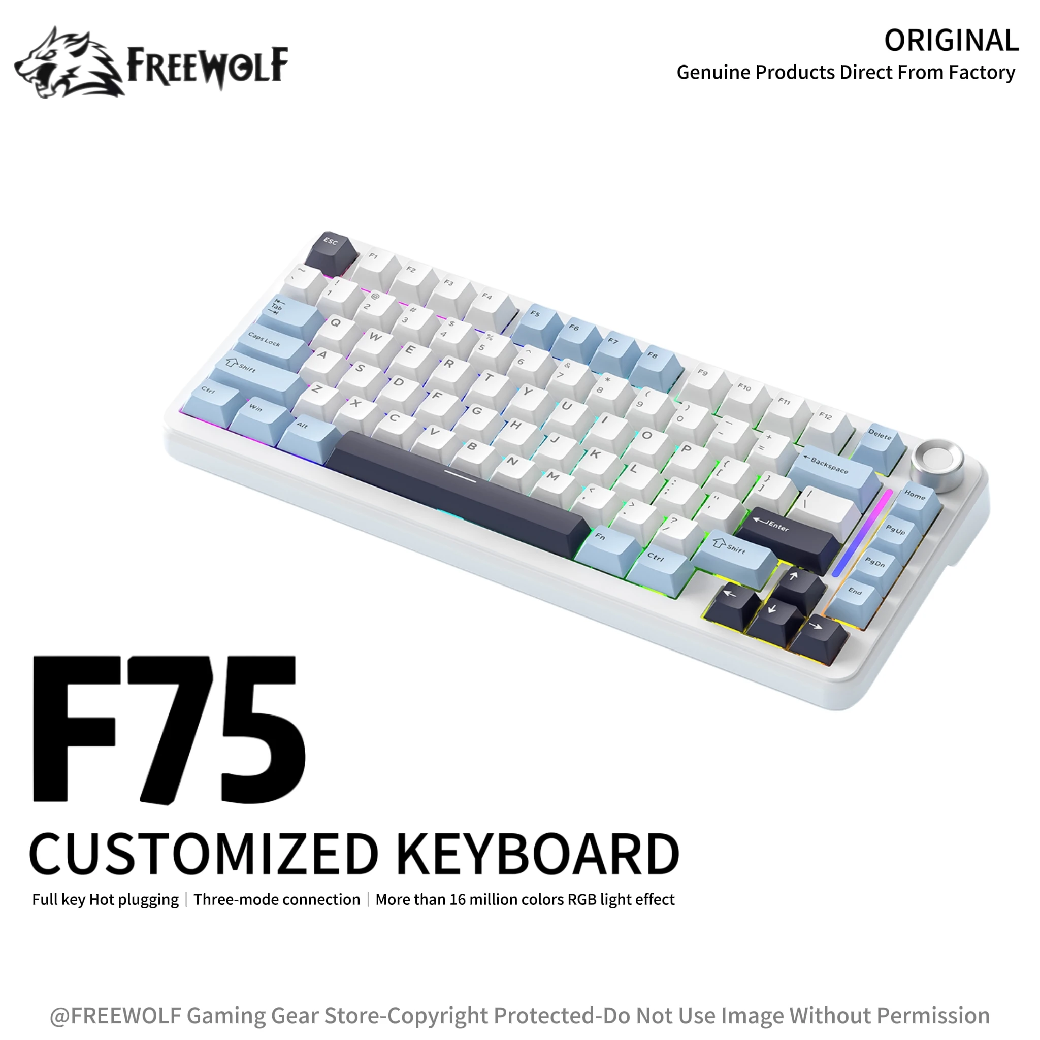 Клавиатура FREEWOLF F75 с индивидуальной конфигурацией 75%, RGB-подсветка, металлические ручки, PBT-кейкапы, полностью сменные клавиши (hot-swappable)
Клавиатура FREEWOLF F75 с индивидуальной конфигурацией 75%, RGB-подсветка, металлические ручки, PBT-кейкапы, полностью сменные клавиши (hot-swappable)
