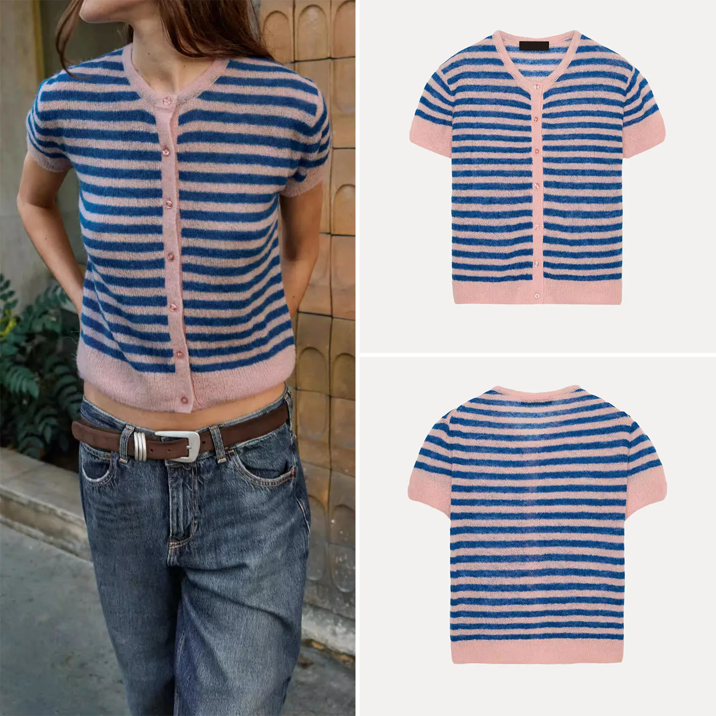 Fashionable Striped Short Sleeve round Neck Color Block Spring Outerwear Women's Clothing ZADATA Standard Fit European Style
Fashionable Striped Short Sleeve round Neck Color Block Spring Outerwear Women's Clothing ZADATA Standard Fit European Style