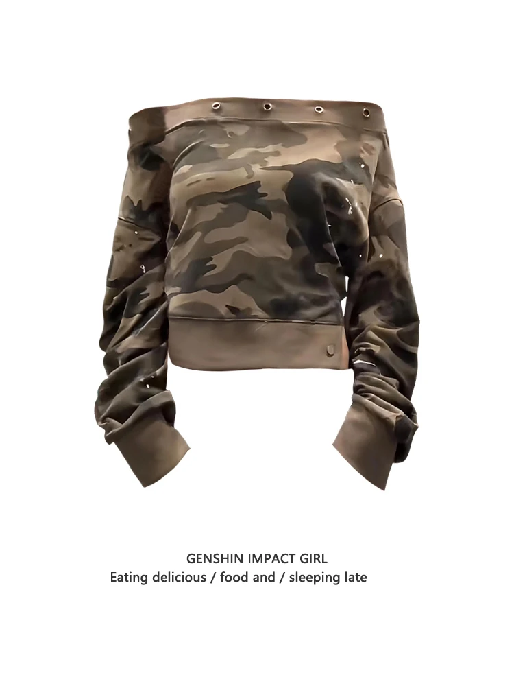 American Camouflage Shoulder Hoodie Women Early Autumn Letter Print Slimming Shoulder Exposure Button Design Versatile Top
American Camouflage Shoulder Hoodie Women Early Autumn Letter Print Slimming Shoulder Exposure Button Design Versatile Top