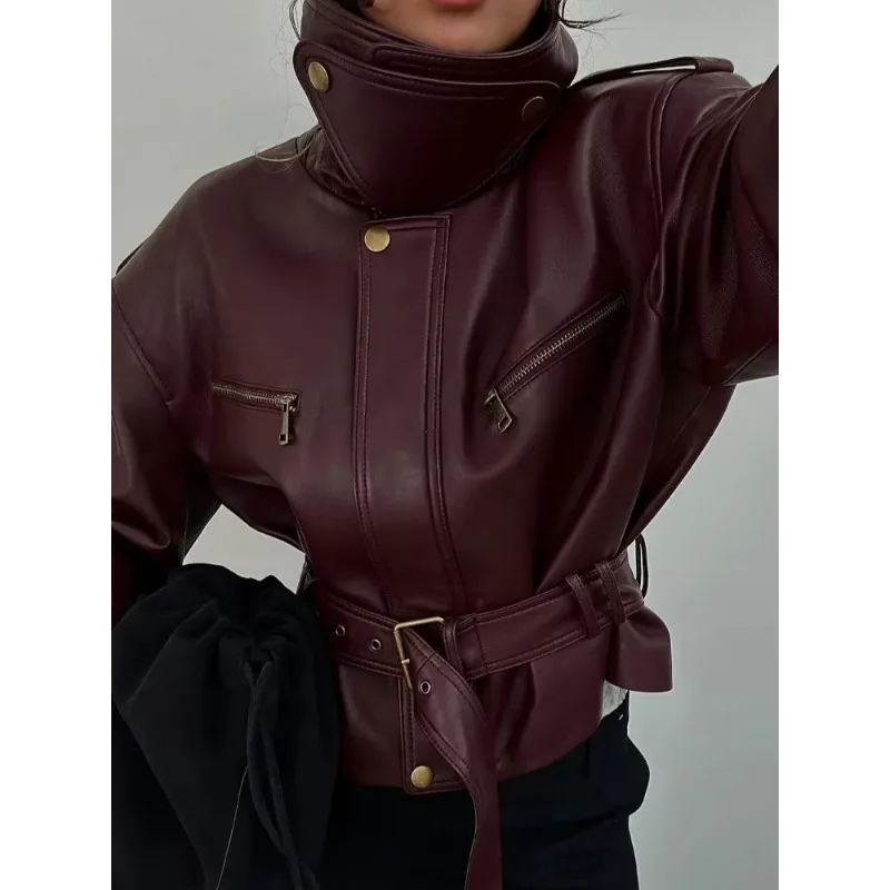 Women Solid Burgundy Waist Cinching Jacket Fashion Lace Up Stand Collar Zipper Bucket Short Jackets Lady High Street Coat
Women Solid Burgundy Waist Cinching Jacket Fashion Lace Up Stand Collar Zipper Bucket Short Jackets Lady High Street Coat