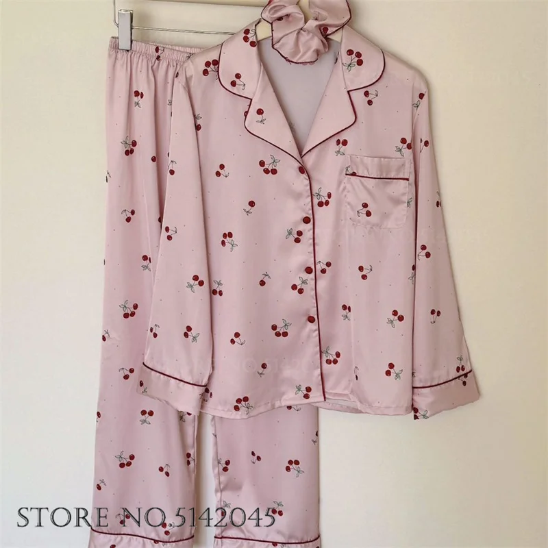 New Ice Silk Female Pajamas 2Pcs Set Homewear Sweet Pink Printed Cherry Trouser Suits Pijamas Spring Autumn Loose Loungewear
New Ice Silk Female Pajamas 2Pcs Set Homewear Sweet Pink Printed Cherry Trouser Suits Pijamas Spring Autumn Loose Loungewear