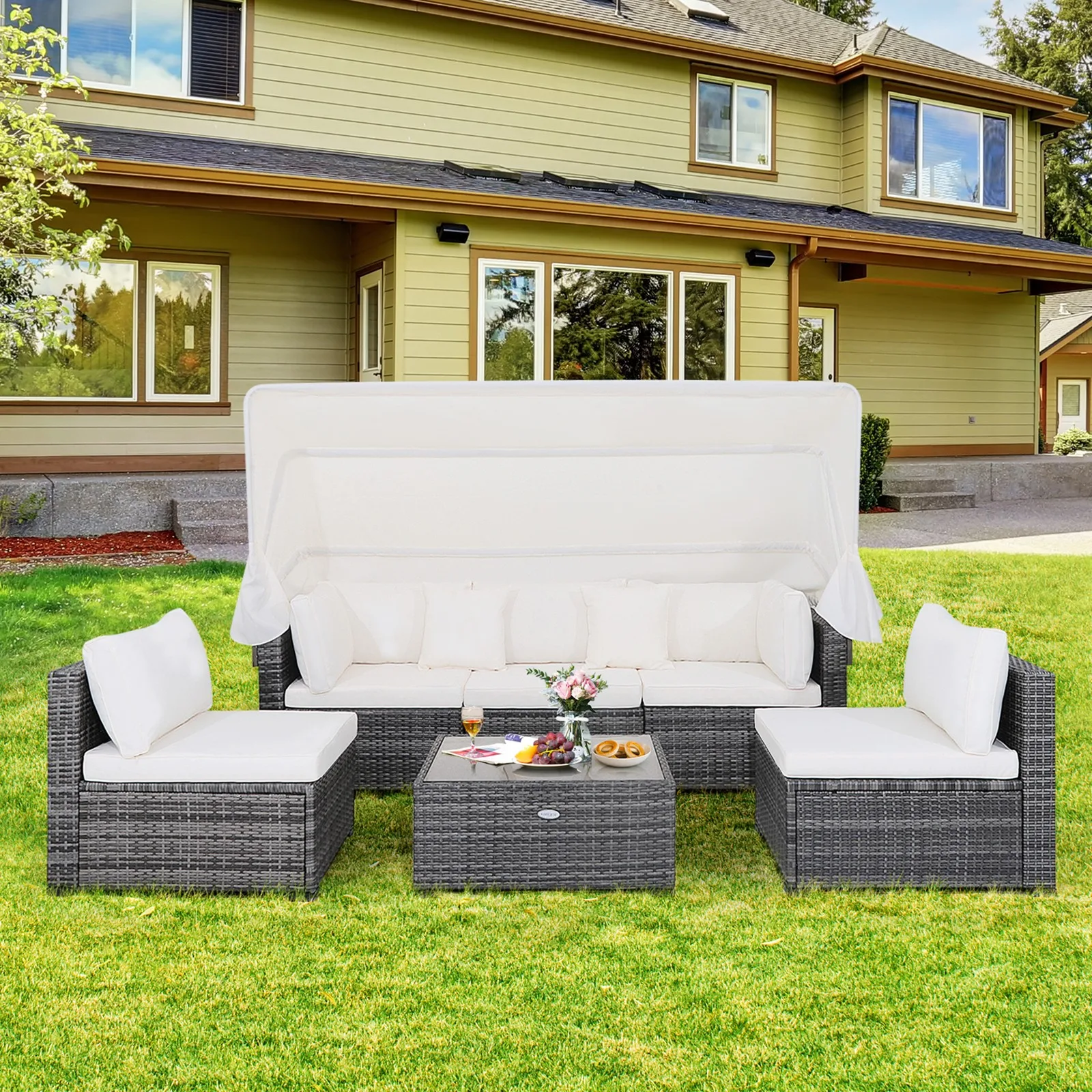 6 PCS PE Rattan Patio Furniture Set w/ Tempered Glass Table and Retractable
6 PCS PE Rattan Patio Furniture Set w/ Tempered Glass Table and Retractable