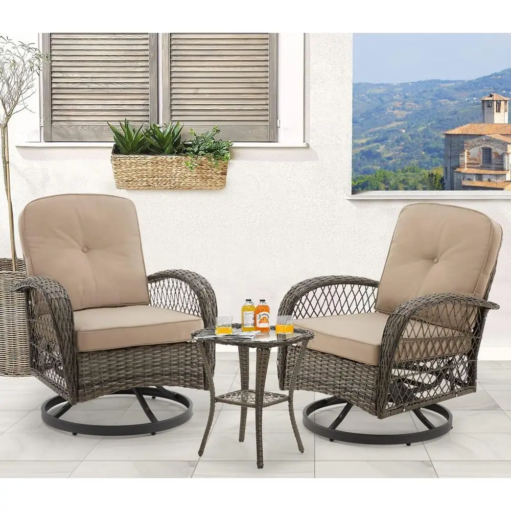 3-Piece Outdoor Swivel Rocker Set with Wicker Bistro Chairs, Cushions, and Glass Coffee Table in Khaki
3-Piece Outdoor Swivel Rocker Set with Wicker Bistro Chairs, Cushions, and Glass Coffee Table in Khaki