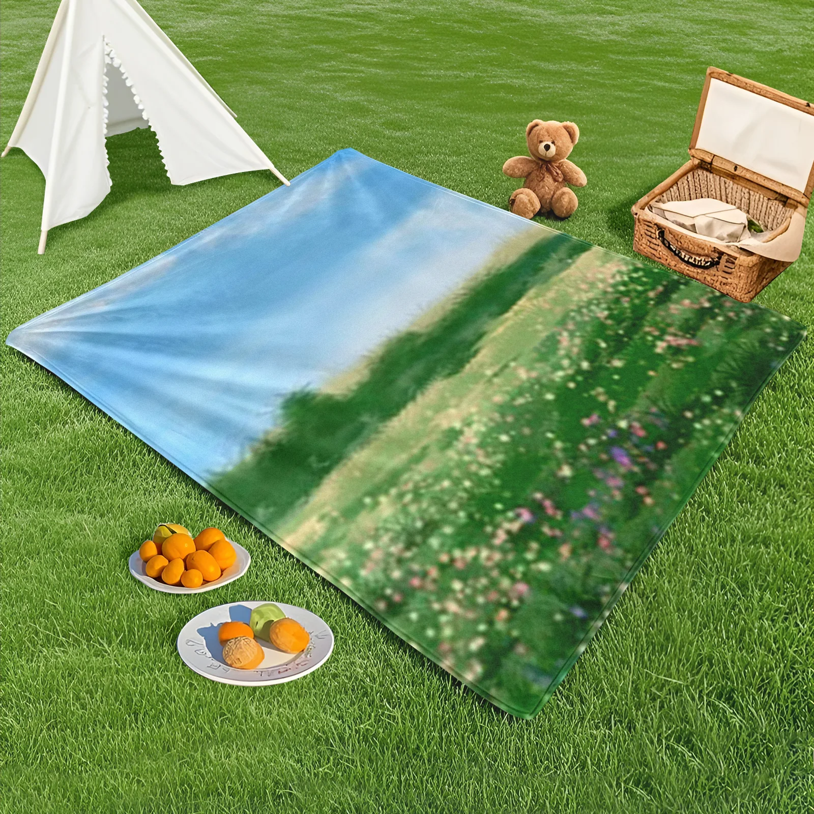 Luxurious Outdoor Blanket For Picnics In Flower Fields And Green Grasslands Under Blue Sky And White Clouds
Luxurious Outdoor Blanket For Picnics In Flower Fields And Green Grasslands Under Blue Sky And White Clouds