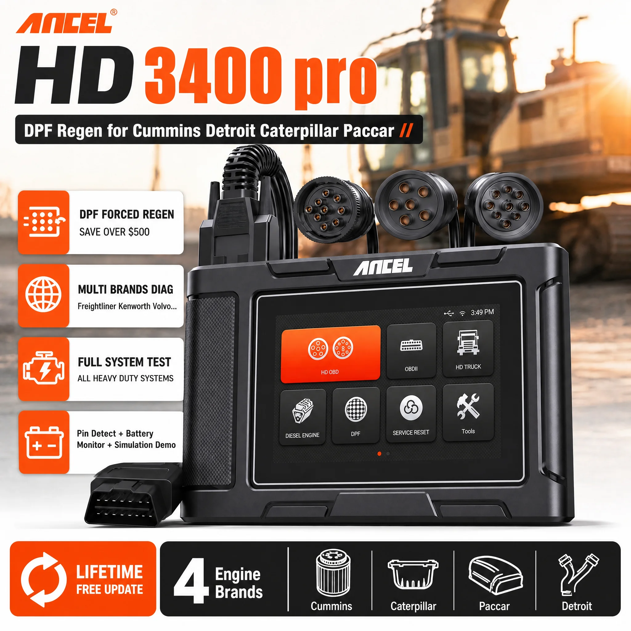 Full System Heavy Duty Diesel Truck OBD2 Scanner ANCEL HD3400pro DPF Regen Diagnostic Code Reader for Cummins Detroit Caterpilla
Full System Heavy Duty Diesel Truck OBD2 Scanner ANCEL HD3400pro DPF Regen Diagnostic Code Reader for Cummins Detroit Caterpilla