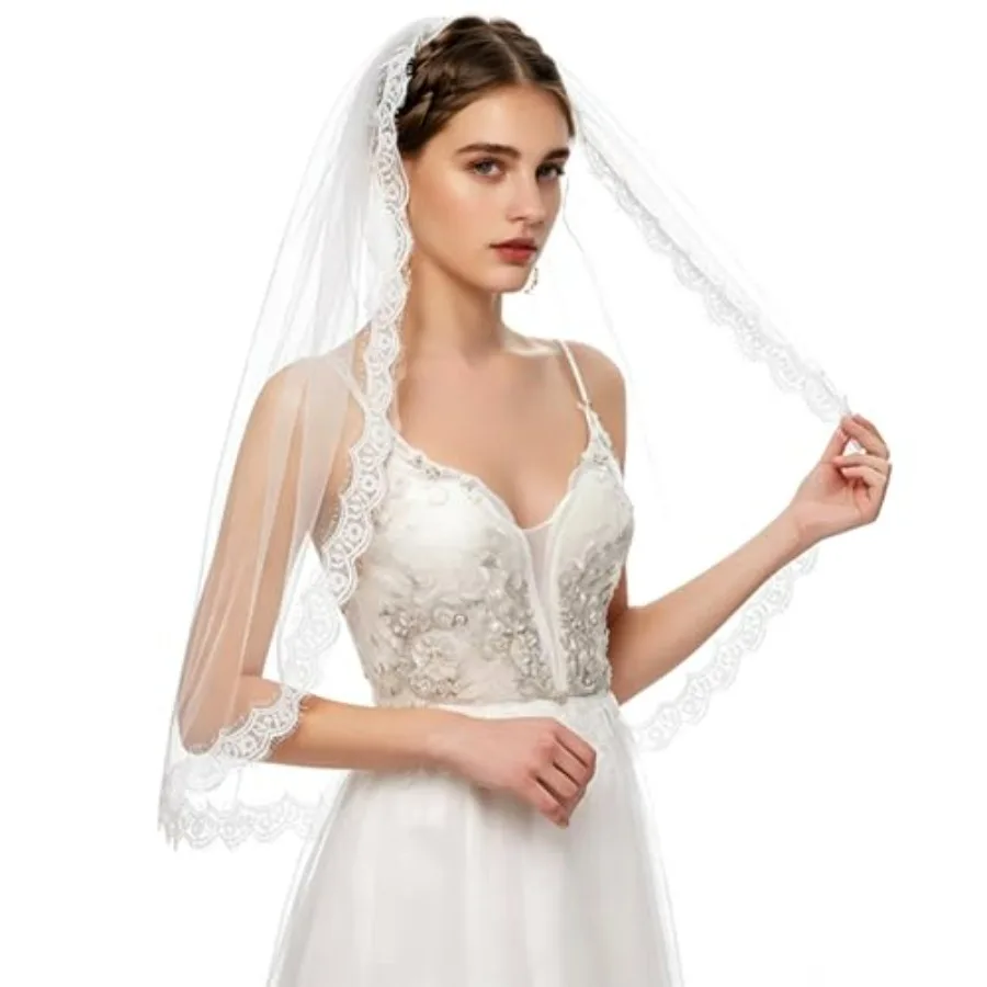 Bridal Veil Lace Edge 1 Tier Fingertip Length Wedding Veil with Comb for Brides
Bridal Veil Lace Edge 1 Tier Fingertip Length Wedding Veil with Comb for Brides