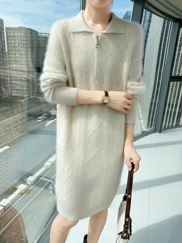 TLOML Women 100% Mink Cashmere Dress Polo Half Zipper Cable knit Pullover Casual Style Autumn Winter Soft Cashmere Knitted Dress
TLOML Women 100% Mink Cashmere Dress Polo Half Zipper Cable knit Pullover Casual Style Autumn Winter Soft Cashmere Knitted Dress
