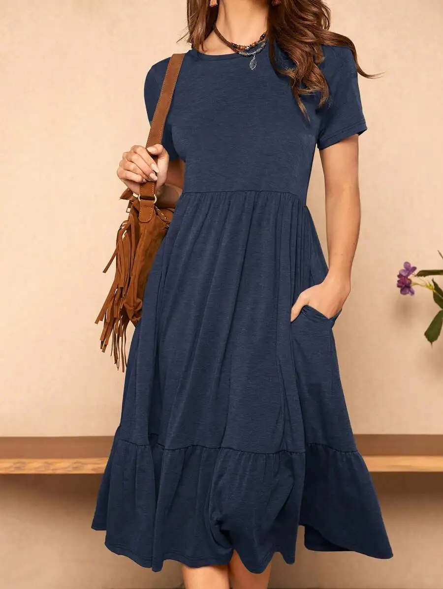 Women Casual Solid Color Short Sleeve Midi Dress With Pockets
Women Casual Solid Color Short Sleeve Midi Dress With Pockets