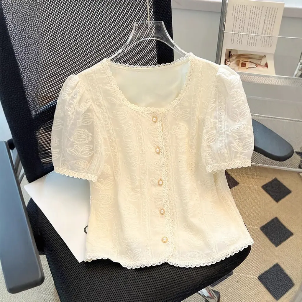 French Puff Sleeve Lace Top for Women Summer Elegant Chiffon Shirt Short Sleeve plus Size Small Style
French Puff Sleeve Lace Top for Women Summer Elegant Chiffon Shirt Short Sleeve plus Size Small Style