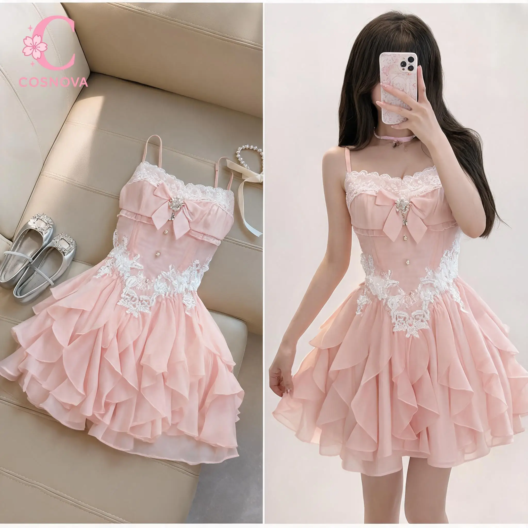 Sweet Princess Lace Cami Strap Women Layered Ruffle Bow Design Dresses Sweet Princess Party Summer Korean Popular Dress Clothes
Sweet Princess Lace Cami Strap Women Layered Ruffle Bow Design Dresses Sweet Princess Party Summer Korean Popular Dress Clothes