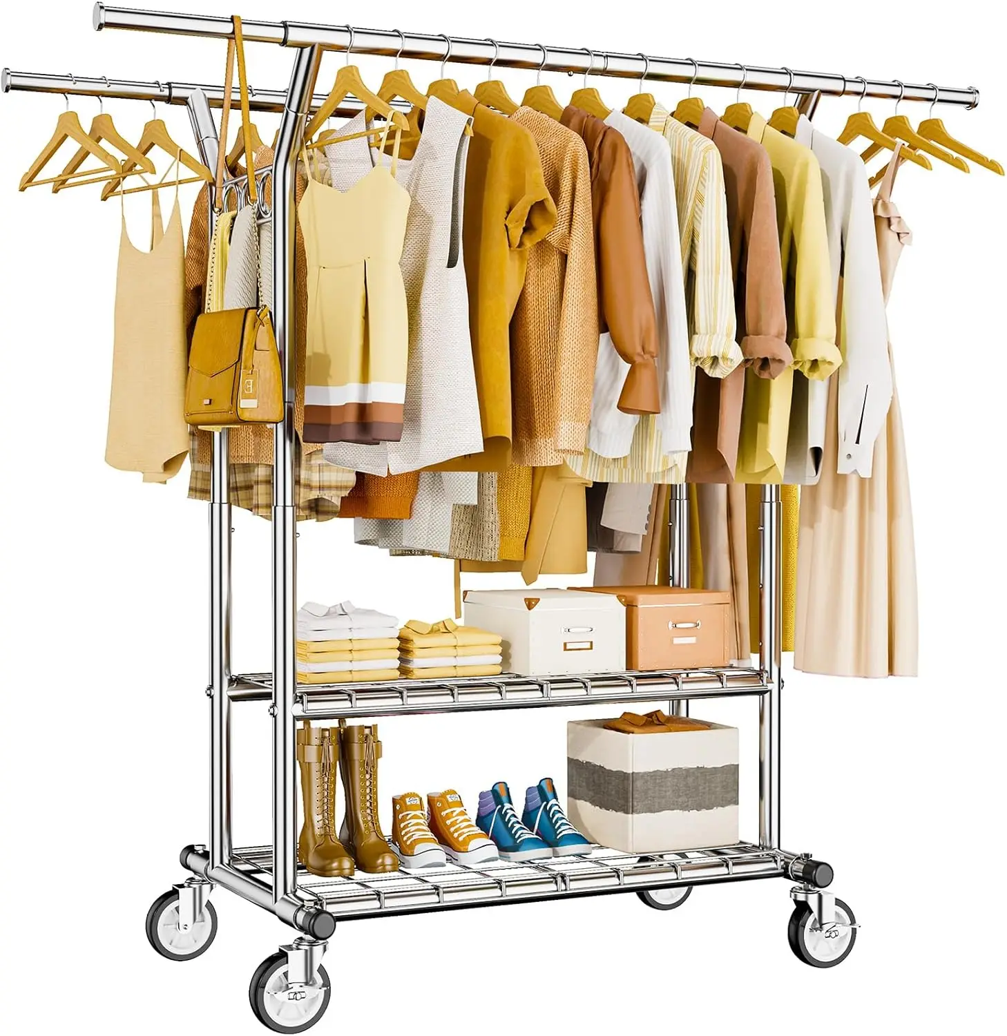 Heavy Duty Rolling Clothes Rack with Shelves, 620 LBS Capacity, Adjustable Double Rod for Hanging and Storage
Heavy Duty Rolling Clothes Rack with Shelves, 620 LBS Capacity, Adjustable Double Rod for Hanging and Storage