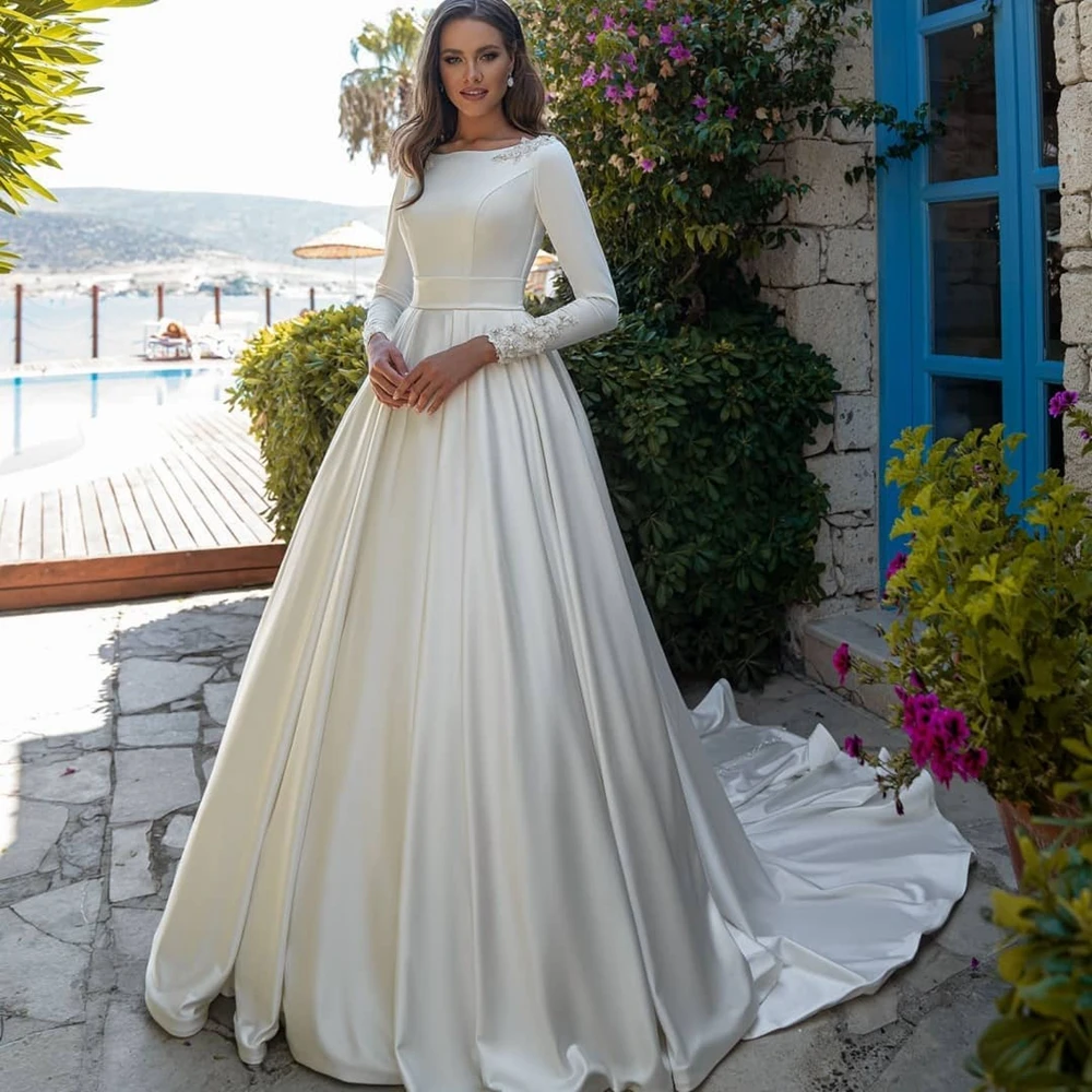 Gorgeous Satin Wedding Dress Long Sleeves Appliques Draped Church Marring Bridal Customized Formal Occasion Gowns for Women
Gorgeous Satin Wedding Dress Long Sleeves Appliques Draped Church Marring Bridal Customized Formal Occasion Gowns for Women