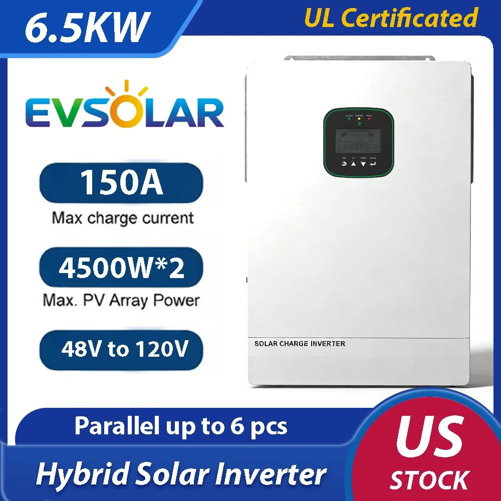 UL 6.5KW Solar Inverter 48V 110V 120V Hybrid Solar Inverter, 150A MPPT Solar Controller, Can Paralleled, With Limiter, 500V PV
UL 6.5KW Solar Inverter 48V 110V 120V Hybrid Solar Inverter, 150A MPPT Solar Controller, Can Paralleled, With Limiter, 500V PV