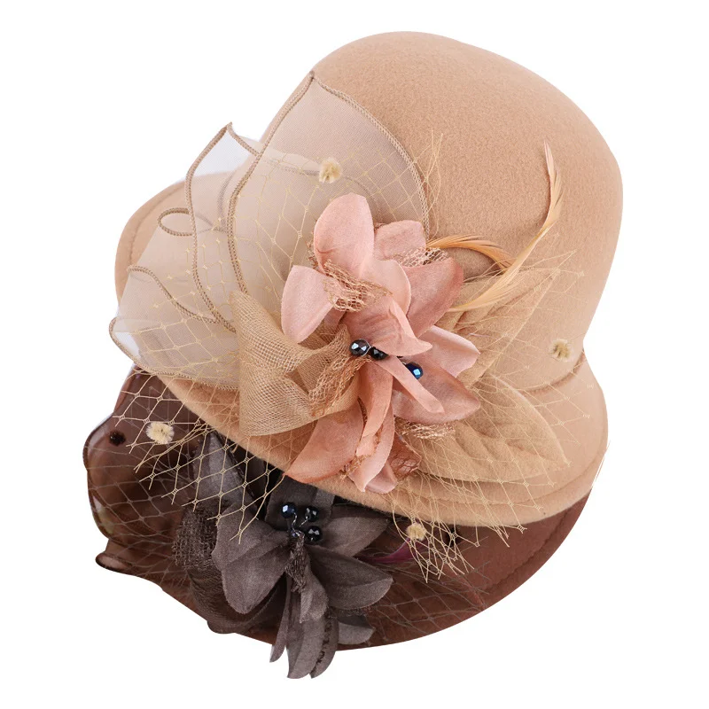 Ladies Autumn And Winter New Dome Billycock Female British Hepburn Style Yarn Flower Bucket Hat Flat Brim Elegant Felt Cap
Ladies Autumn And Winter New Dome Billycock Female British Hepburn Style Yarn Flower Bucket Hat Flat Brim Elegant Felt Cap