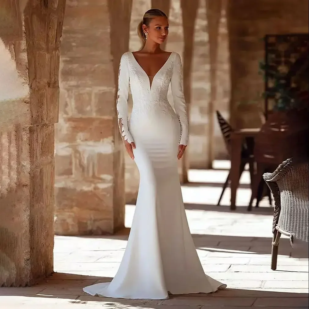 Flavinke Customized BOHO Satin V-Neck Mermaid Wedding Dresses 2025 Long Sleeves Appliques Graceful Robes Wedding Gown for Bride
Flavinke Customized BOHO Satin V-Neck Mermaid Wedding Dresses 2025 Long Sleeves Appliques Graceful Robes Wedding Gown for Bride