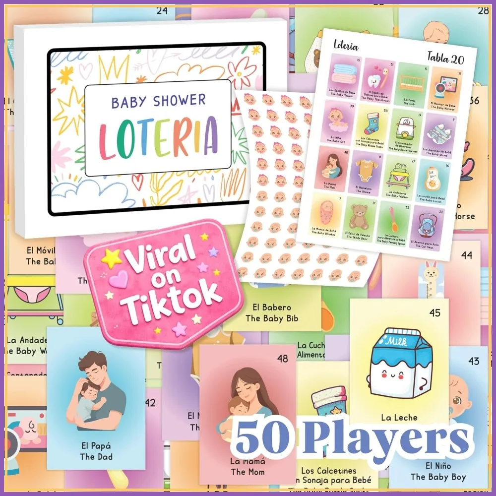 Bilingual Baby Shower Bingo Game for 50 Players - Spanish and English Loteria Cards
Bilingual Baby Shower Bingo Game for 50 Players - Spanish and English Loteria Cards