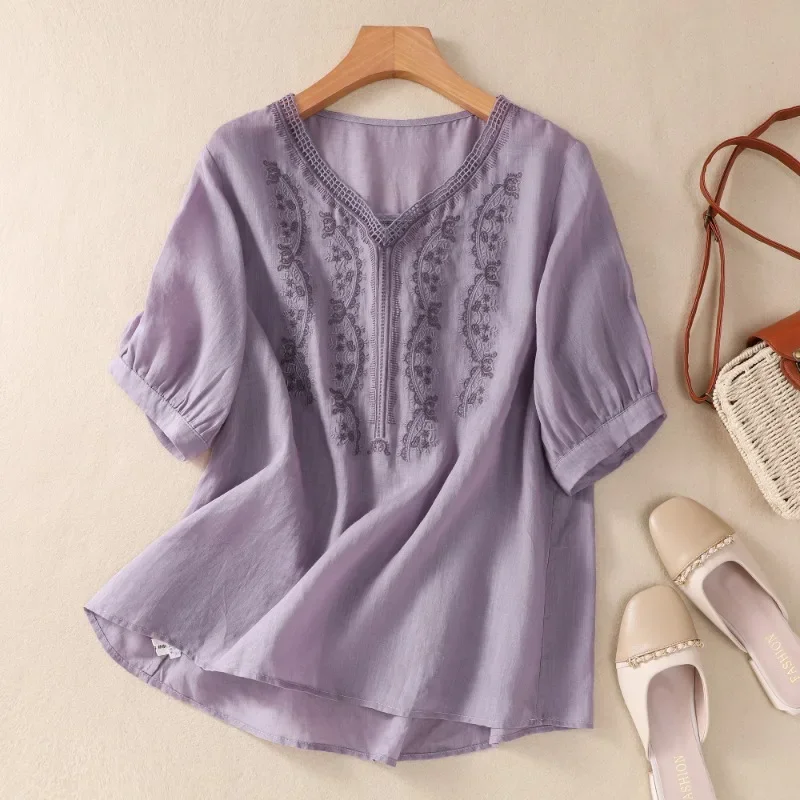 Cotton Linen Chinese Style Women's Shirt Summer Embroidery Vintage Blouses Loose Women Tops Short Sleeve Clothing
Cotton Linen Chinese Style Women's Shirt Summer Embroidery Vintage Blouses Loose Women Tops Short Sleeve Clothing