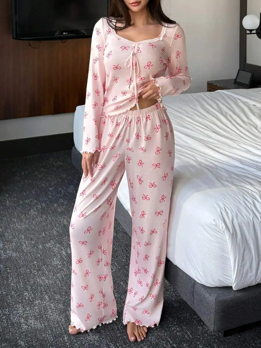 Bow Print Ruched Wave Hem Lace Trim Pajama Set For Women Sweet Sleepwear
Bow Print Ruched Wave Hem Lace Trim Pajama Set For Women Sweet Sleepwear