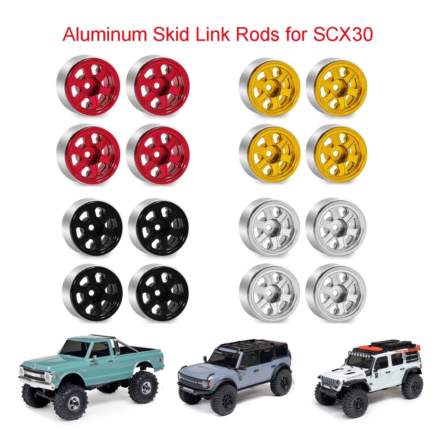 Aluminum 0.7" Beadlock Wheel 11x21mm for SCX30 Cars 4pcs/set G: Gold S: Silver Bk: Black R: Red
Aluminum 0.7" Beadlock Wheel 11x21mm for SCX30 Cars 4pcs/set G: Gold S: Silver Bk: Black R: Red