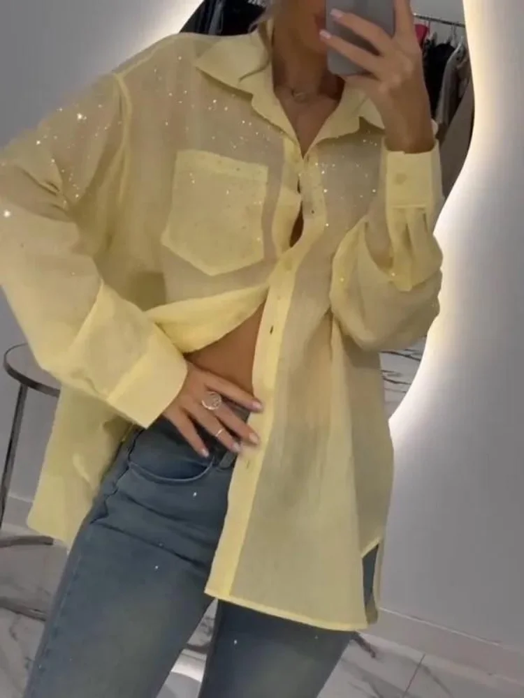 Sequin Chiffon Pocket Basic Women Blouse Fashion Full Sleeve Lapel Button Pocket Oversize Shirt Lady Summer Office Commute Wear
Sequin Chiffon Pocket Basic Women Blouse Fashion Full Sleeve Lapel Button Pocket Oversize Shirt Lady Summer Office Commute Wear