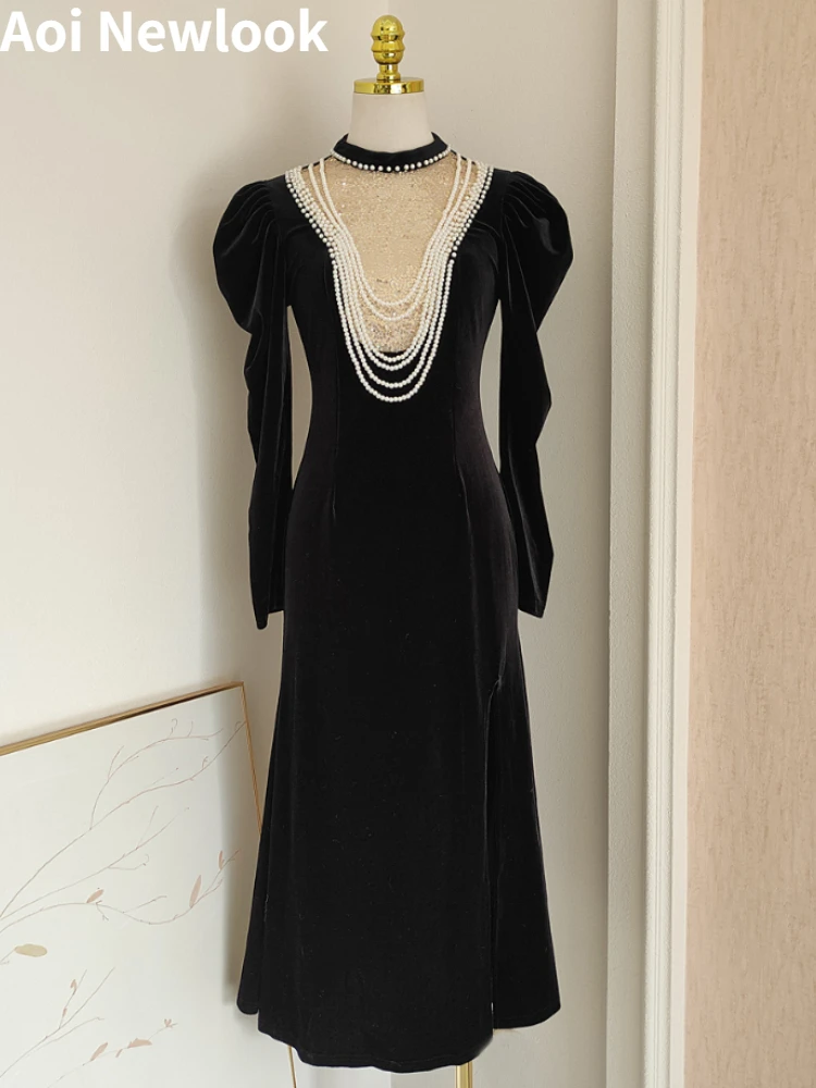 Commuter Elegant Black Velvet Dress Women's 2024 Spring Autumn New Mesh Sequins Stitching Beads Slim-Fit Holiday Party Clothing
Commuter Elegant Black Velvet Dress Women's 2024 Spring Autumn New Mesh Sequins Stitching Beads Slim-Fit Holiday Party Clothing
