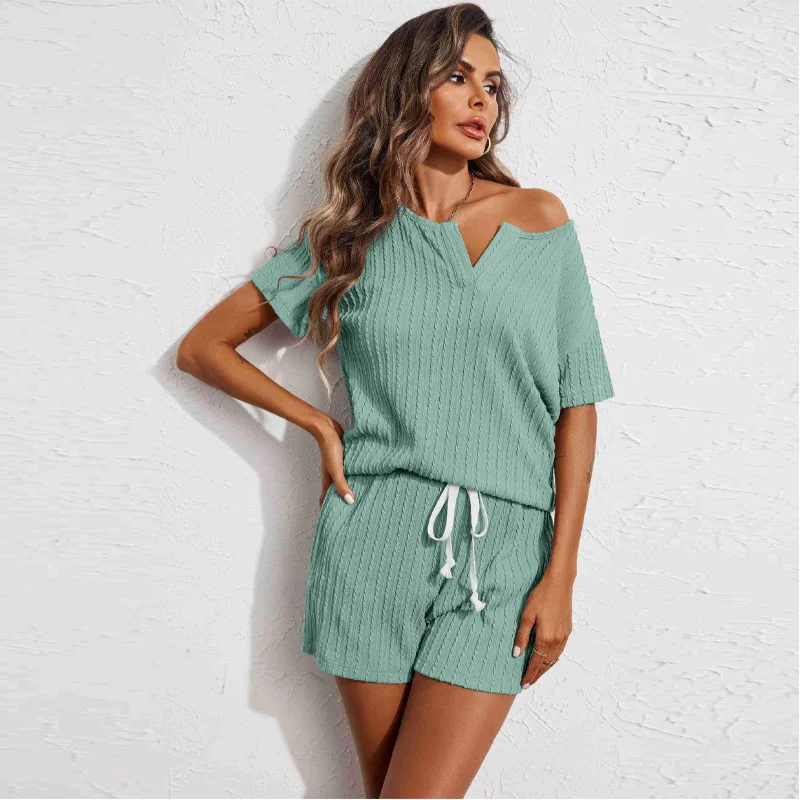 Women's 2 Piece Pajamas Set Solid Color Knitted Jacquard Sleepwear Short Sleeve Spring Summer Pijama Mujer Pjs Homewear
Women's 2 Piece Pajamas Set Solid Color Knitted Jacquard Sleepwear Short Sleeve Spring Summer Pijama Mujer Pjs Homewear