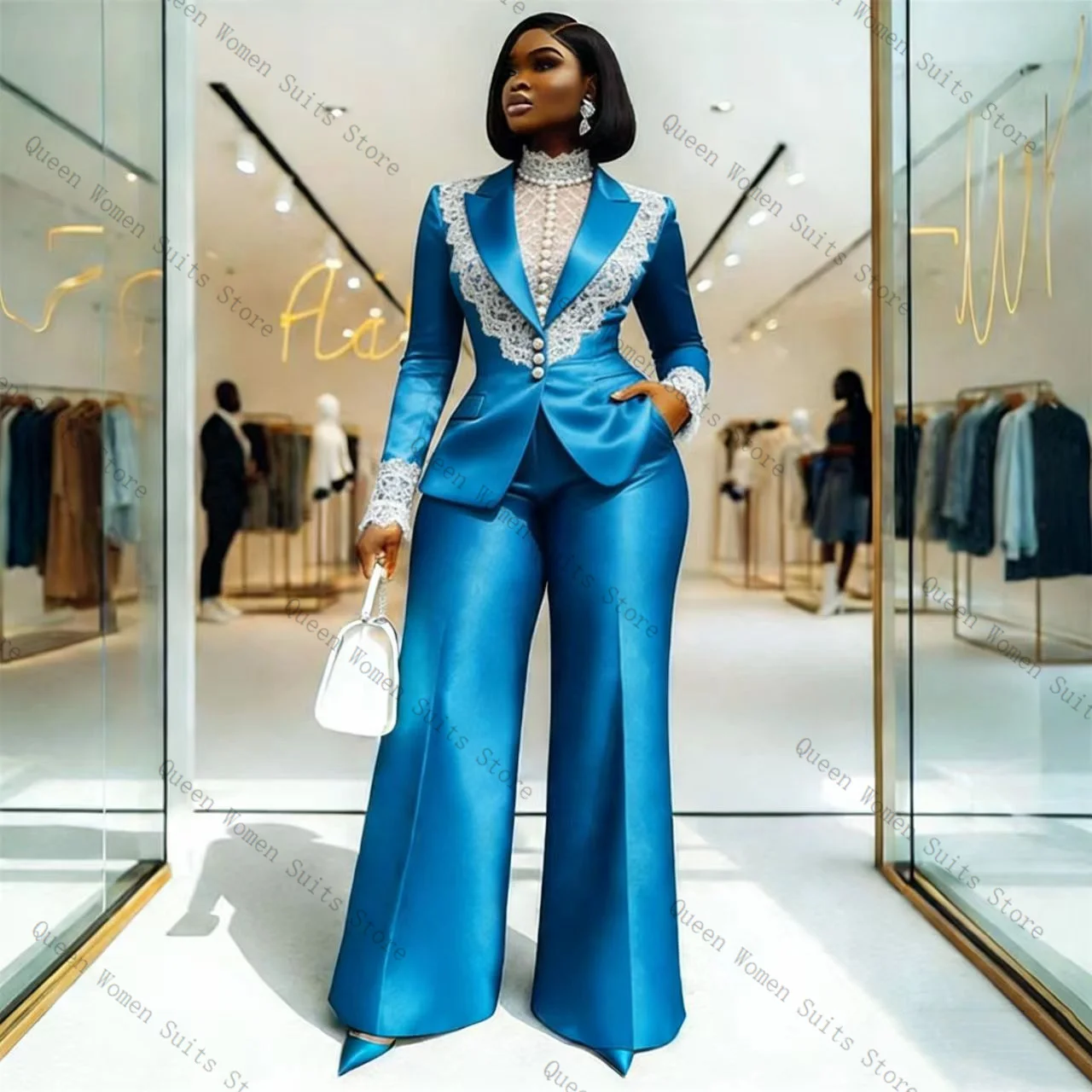 Blue Satin Women Suit Pants Set 2 Pcs Blazer+Trousers White Lace Prom Formal Office Lady Jacket Wedding Coat Customized
Blue Satin Women Suit Pants Set 2 Pcs Blazer+Trousers White Lace Prom Formal Office Lady Jacket Wedding Coat Customized