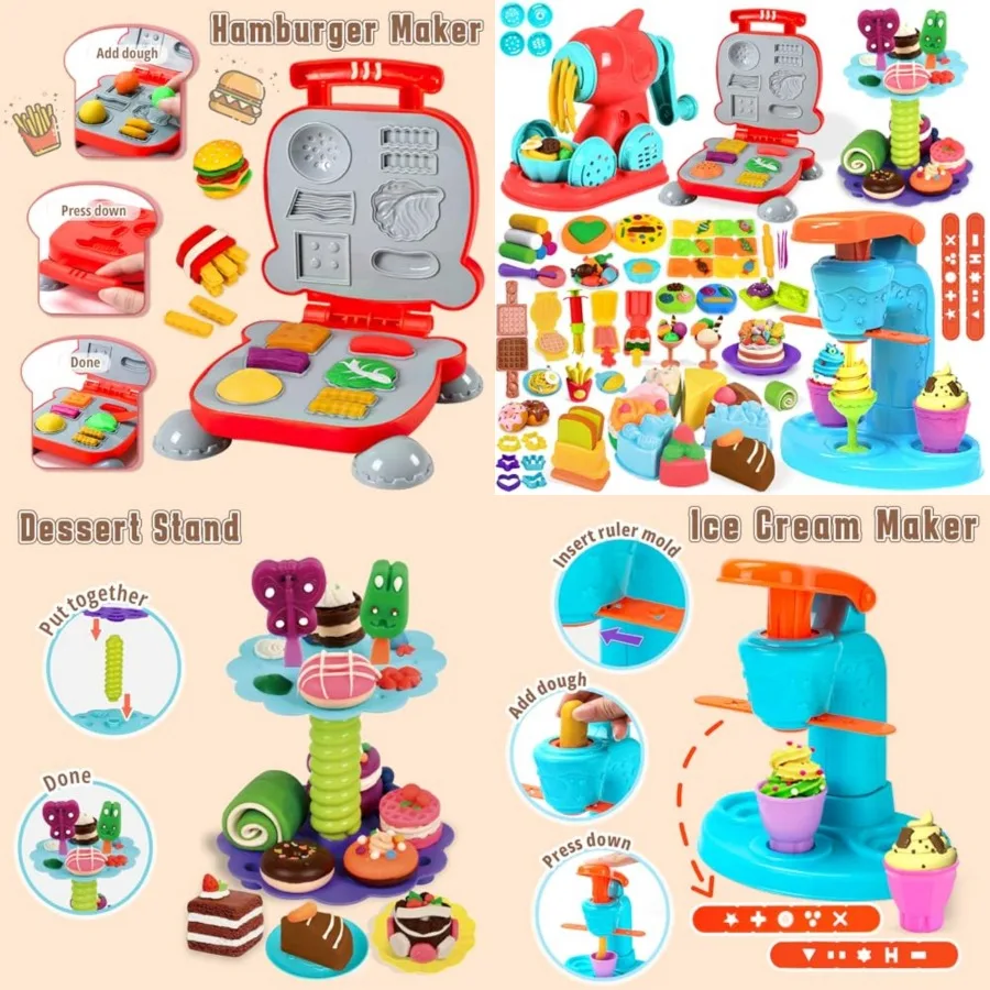 4 in 1 Dough Sets for Ages 4-8, Dough Tools Kit with Ice Cream Noodle Hamburger Maker Machine, Dessert Rack, Kitchen Creations
4 in 1 Dough Sets for Ages 4-8, Dough Tools Kit with Ice Cream Noodle Hamburger Maker Machine, Dessert Rack, Kitchen Creations