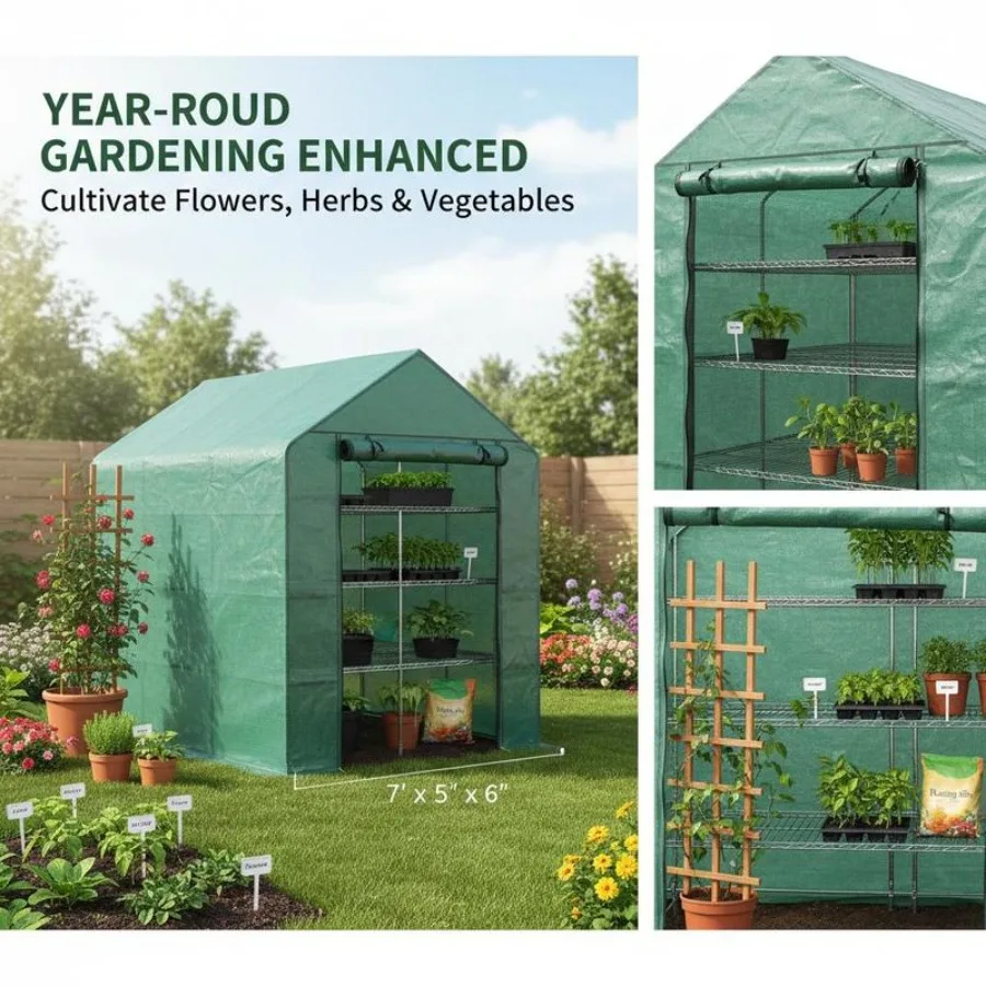 7' x 5' x 6' Walk-in Greenhouse for Outdoors with Mesh Door, 18 Shelf Hot House with Trellis, Plant Labels, UV Protective for Growing Flowers, Herbs, Vegetables, Saplings, Green
7' x 5' x 6' Walk-in Greenhouse for Outdoors with Mesh Door, 18 Shelf Hot House with Trellis, Plant Labels, UV Protective for Growing Flowers, Herbs, Vegetables, Saplings, Green