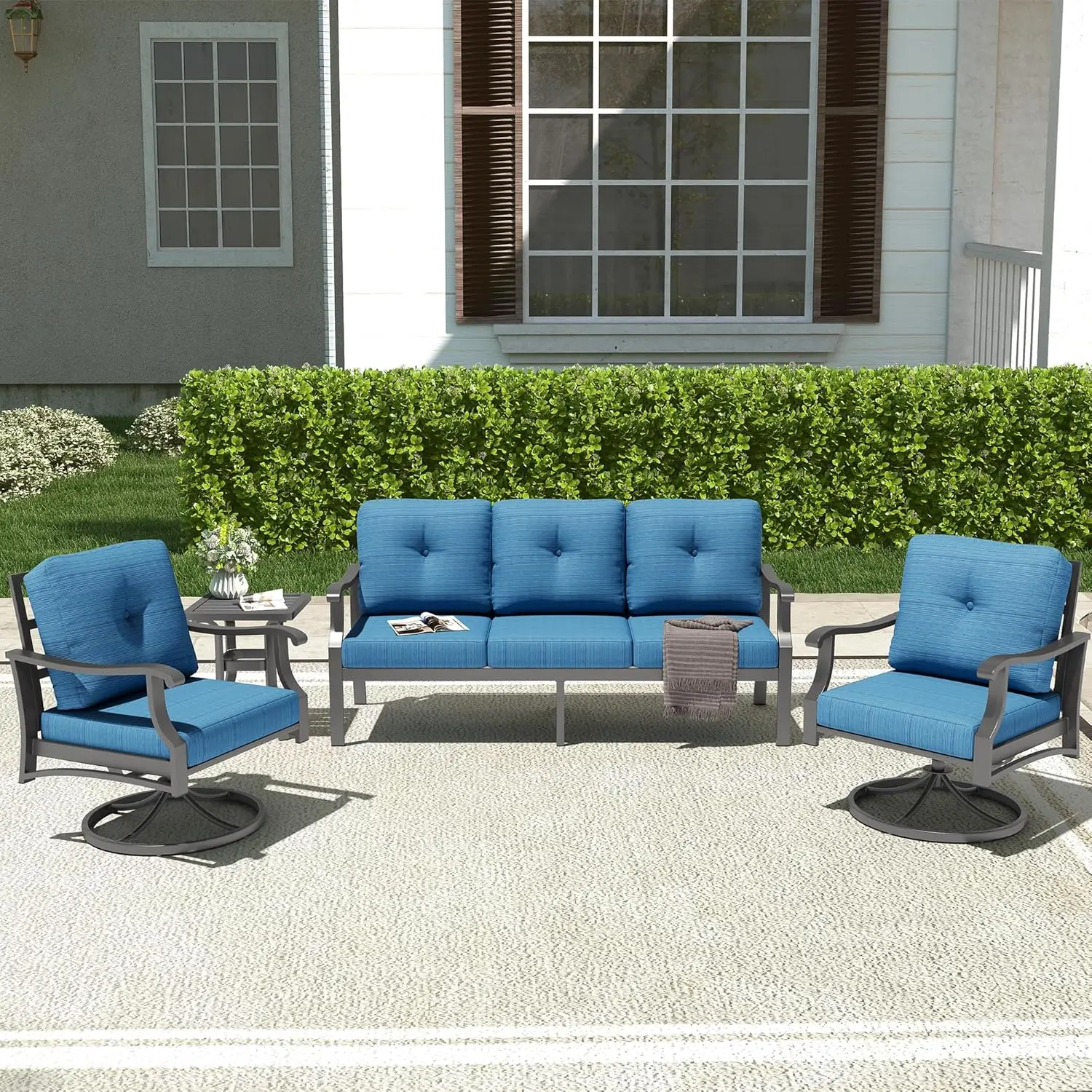 4pc Metal Patio Set,Conversation Sofa w/3 Seat,2 Rock Swivel Chairs & Table,5in Cushions,Outdoor,Customized
4pc Metal Patio Set,Conversation Sofa w/3 Seat,2 Rock Swivel Chairs & Table,5in Cushions,Outdoor,Customized
