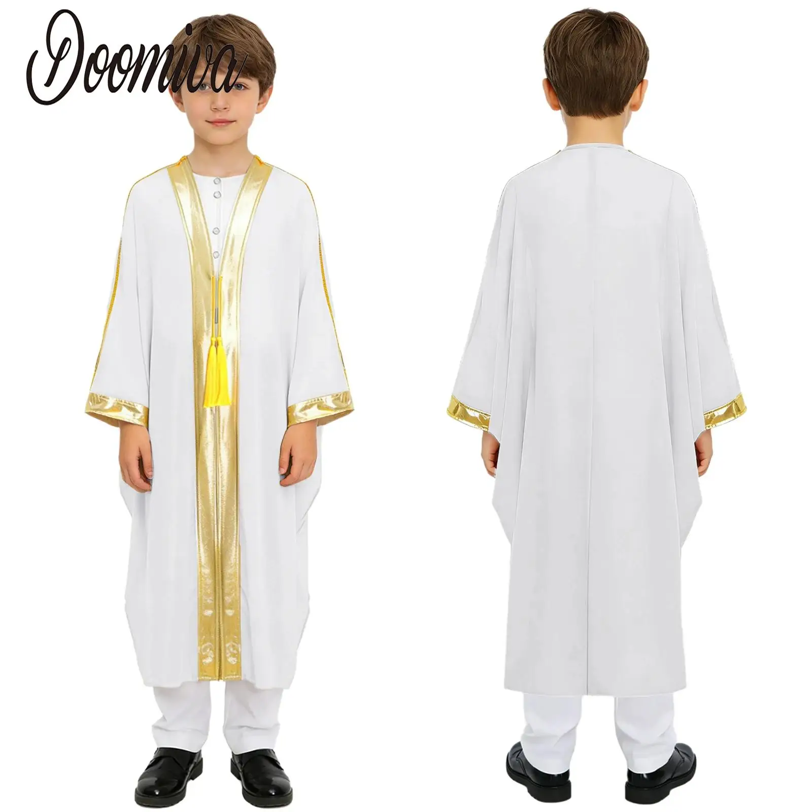 Kids Boys Loose Muslim Robe Batwing Long Sleeve Abaya Dress Metallic Trim Kaftan Thobe with Tassels Praise Church Choir Costume
Kids Boys Loose Muslim Robe Batwing Long Sleeve Abaya Dress Metallic Trim Kaftan Thobe with Tassels Praise Church Choir Costume