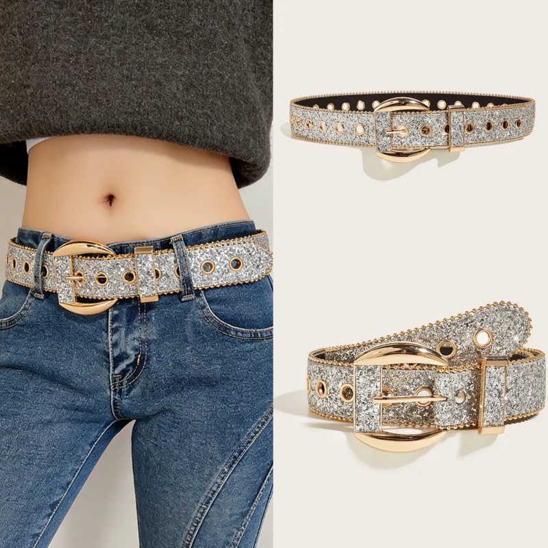 Women's Silver Glitter Waist Belt with Gold Buckle, Y2K Aesthetic Sparkle Belt for Jeans Dresses, Punk Style Metal Eyelets Belt
Women's Silver Glitter Waist Belt with Gold Buckle, Y2K Aesthetic Sparkle Belt for Jeans Dresses, Punk Style Metal Eyelets Belt
