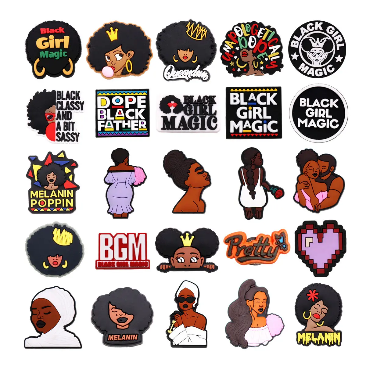 Single Sale 1pcs PVC Shoe Charms Accessory Black Girl Magic BGM Clog Pins Slippers Upper Buckle Decorations for Bands Xmas Gifts
Single Sale 1pcs PVC Shoe Charms Accessory Black Girl Magic BGM Clog Pins Slippers Upper Buckle Decorations for Bands Xmas Gifts