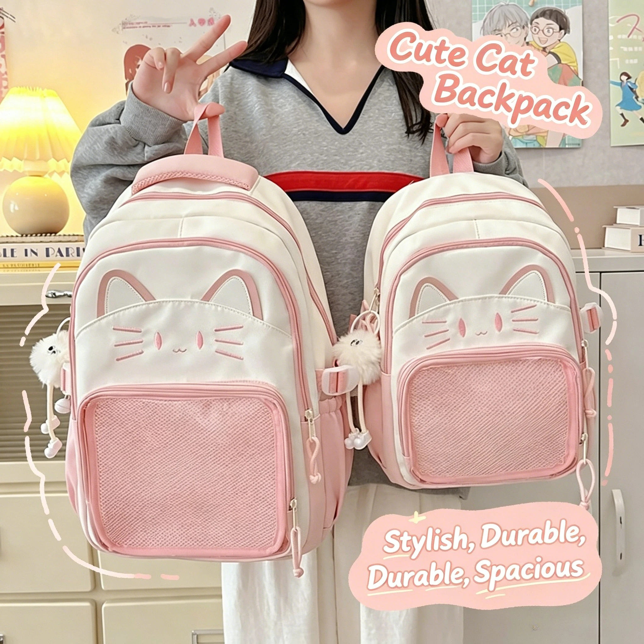 Kawaii Cat Print Backpack for Teen Girls Capacity Waterproof School Bag Cute Contrast Color Travel Rucksack With Plush Pendant
Kawaii Cat Print Backpack for Teen Girls Capacity Waterproof School Bag Cute Contrast Color Travel Rucksack With Plush Pendant