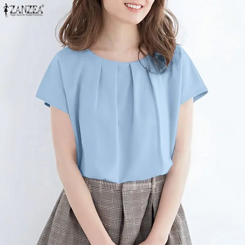 ZANZEA Women Summer Short Sleeve Blouses Casual Chic O-Neck Pleated Front Solid Color Tops Minimalist Loose Blusas de Mujer
ZANZEA Women Summer Short Sleeve Blouses Casual Chic O-Neck Pleated Front Solid Color Tops Minimalist Loose Blusas de Mujer