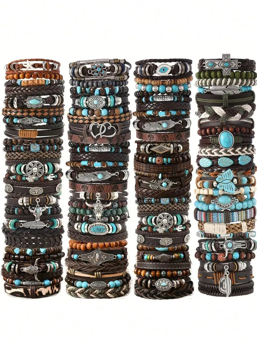12/24/36/48Pcs Bohemian Vintage Western Cowboy Pu Leather & Turquoise Beaded Bracelet Set, Multilayer Woven Faux Leather Bangle
12/24/36/48Pcs Bohemian Vintage Western Cowboy Pu Leather & Turquoise Beaded Bracelet Set, Multilayer Woven Faux Leather Bangle