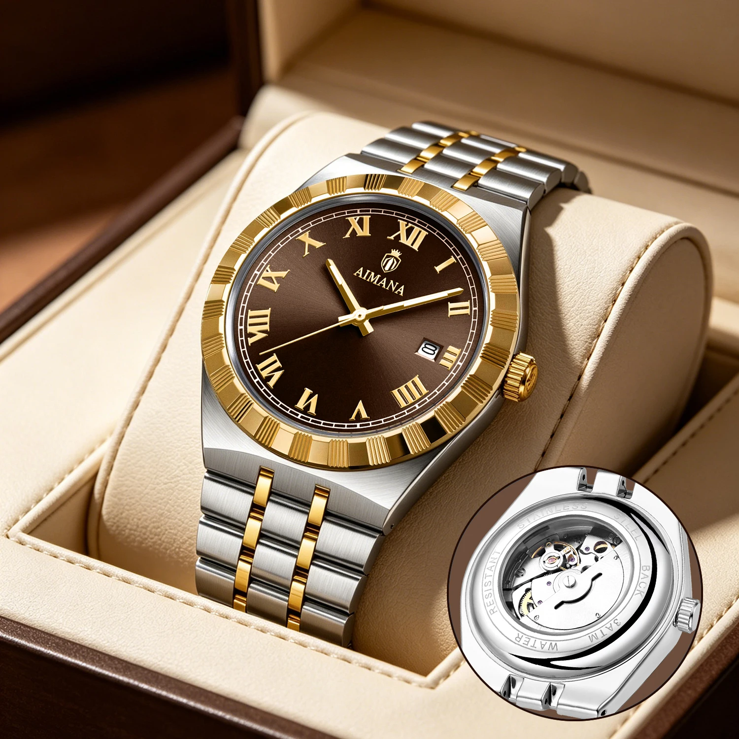 AIMANA Men's Mechanical Wristwatch Stainless Steel Strap Waterproof Luminous Roman Numeral Dial Business Watch With Calendar Men
AIMANA Men's Mechanical Wristwatch Stainless Steel Strap Waterproof Luminous Roman Numeral Dial Business Watch With Calendar Men
