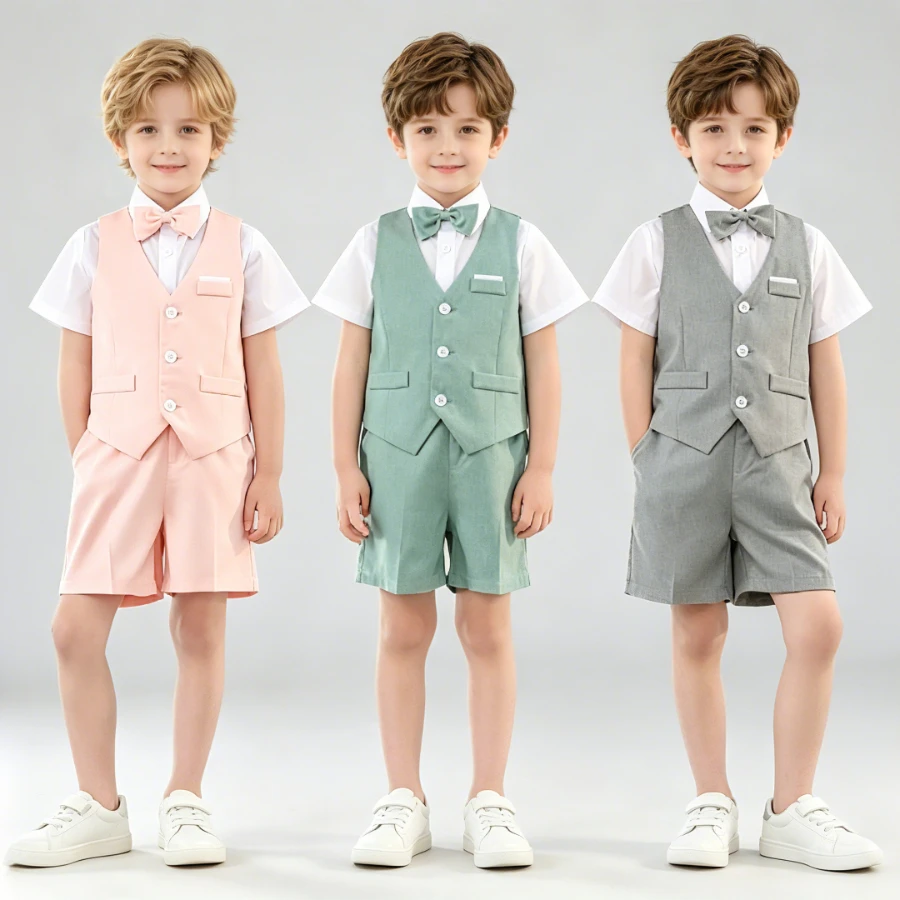 Boys 3-Colors Vest Shorts Suit Set with Bow Tie, Kids Elegant Formal Outfit for Wedding, Party, Performance & Summer Daily Wear
Boys 3-Colors Vest Shorts Suit Set with Bow Tie, Kids Elegant Formal Outfit for Wedding, Party, Performance & Summer Daily Wear
