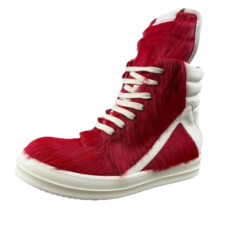 High Quality 2026 Women Red Horse Hair High Top Shoes Inverted Triangle Genuine Leather Thick Bottom Lace-Up Ro Fashion Sneakers
High Quality 2026 Women Red Horse Hair High Top Shoes Inverted Triangle Genuine Leather Thick Bottom Lace-Up Ro Fashion Sneakers