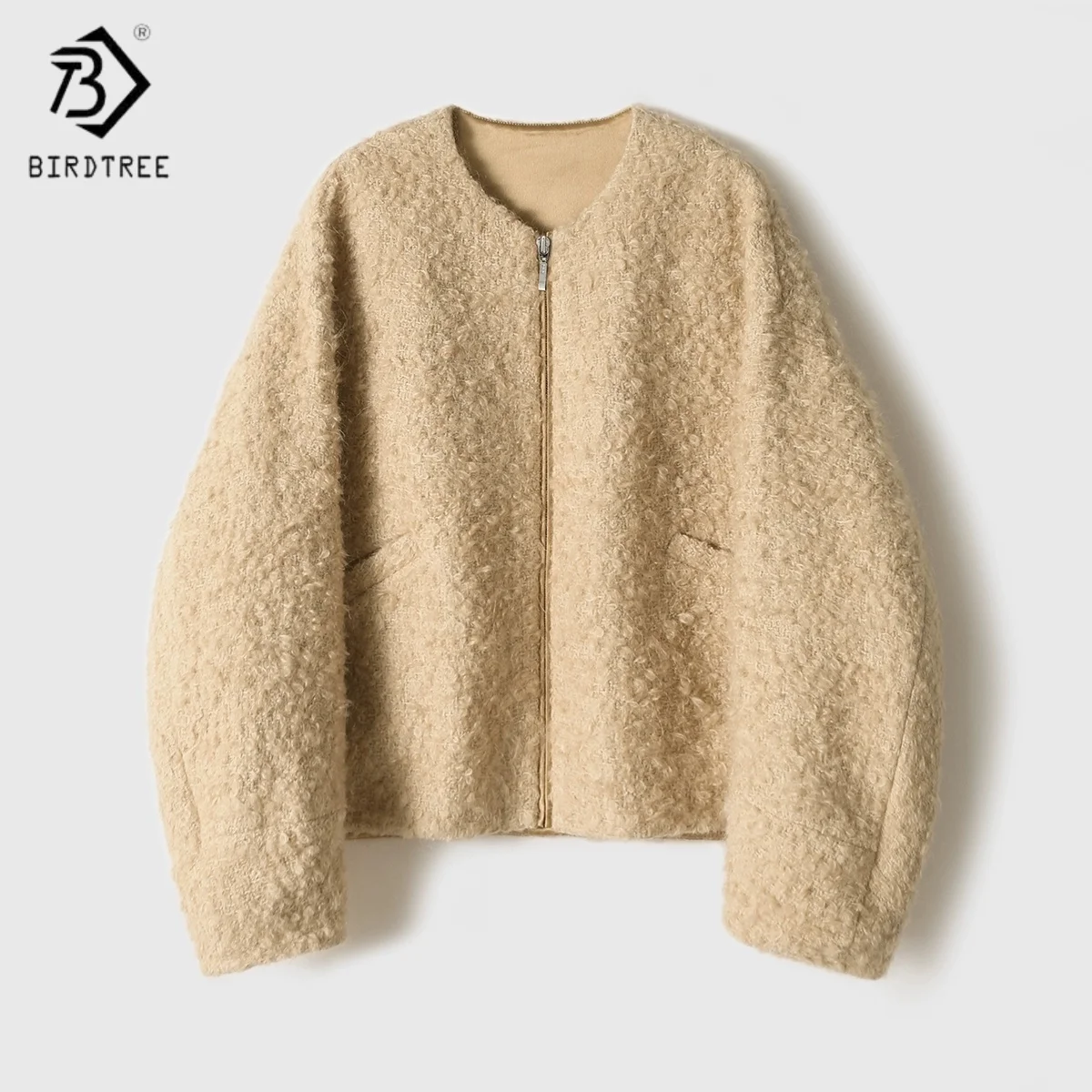 Birdtree,Wool Blended Warmth Coat,Woman O-neck Loose Jacket,With Zipper,Commuting Style,2025 Autumn Winter Short Coats T5N913JF
Birdtree,Wool Blended Warmth Coat,Woman O-neck Loose Jacket,With Zipper,Commuting Style,2025 Autumn Winter Short Coats T5N913JF