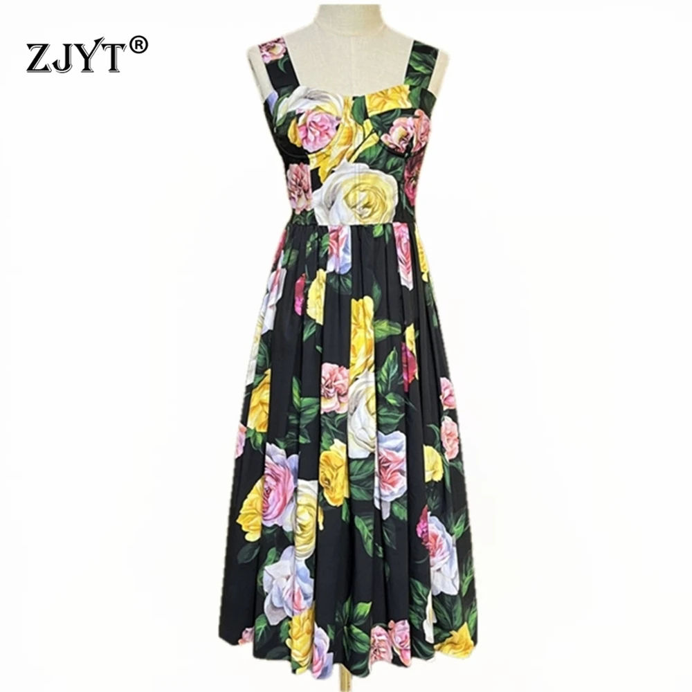 ZJYT Women's 100% Cotton Summer Long Dress Spaghetti Strap Flower Print Vintage Beach Party Runway Fashion 2025 Black Vestidos
ZJYT Women's 100% Cotton Summer Long Dress Spaghetti Strap Flower Print Vintage Beach Party Runway Fashion 2025 Black Vestidos