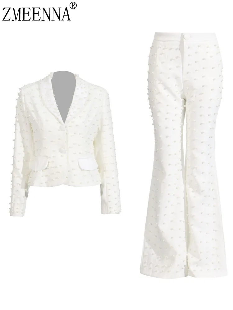 ZMEENNA Womens Elegant White Blazer Jacket With Flared Pants Set Pearl Embellished Two Piece Outfit Office Stylish Suit ZM910
ZMEENNA Womens Elegant White Blazer Jacket With Flared Pants Set Pearl Embellished Two Piece Outfit Office Stylish Suit ZM910