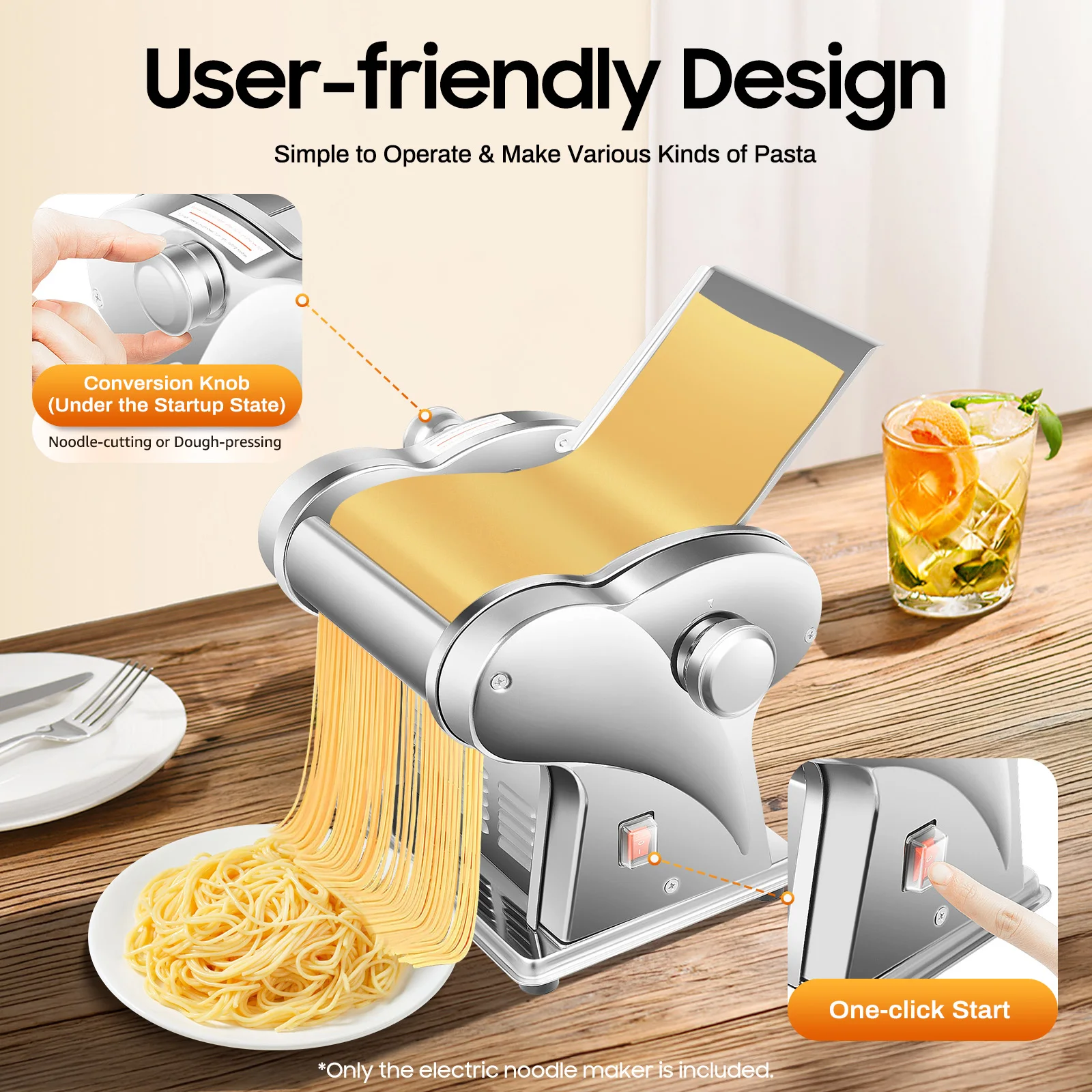 135W Electric Noodle Maker 410 Stainless Steel Polished Nickel Plating 8-Speed Dough Thickness Adjust 0.5-3.5mm 14cm Wide Dough Sheet 2&4mm Flat Noodle Cutters One-button Start Foldable Dough Tray Efficient Heat Dissipation Home Pasta Press Machine
135W Electric Noodle Maker 410 Stainless Steel Polished Nickel Plating 8-Speed Dough Thickness Adjust 0.5-3.5mm 14cm Wide Dough Sheet 2&4mm Flat Noodle Cutters One-button Start Foldable Dough Tray Efficient Heat Dissipation Home Pasta Press Machine