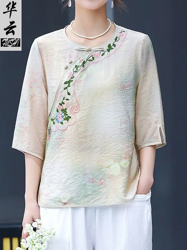 Летняя винтажная светло-зеленая блузка с цветочной вышивкой, женская художественная блузка с воротником и шелковыми конопляными пуговицами Tian 
Летняя винтажная светло-зеленая блузка с цветочной вышивкой, женская художественная блузка с воротником и шелковыми конопляными пуговицами Tian