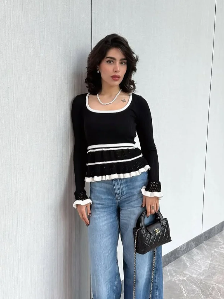 Contrast Knitted Pullover Women Chic Full Sleeve Striped Ruffle Slim Short Pullovers 2026 Lady Fashion Spring Autumn Tops Wear
Contrast Knitted Pullover Women Chic Full Sleeve Striped Ruffle Slim Short Pullovers 2026 Lady Fashion Spring Autumn Tops Wear