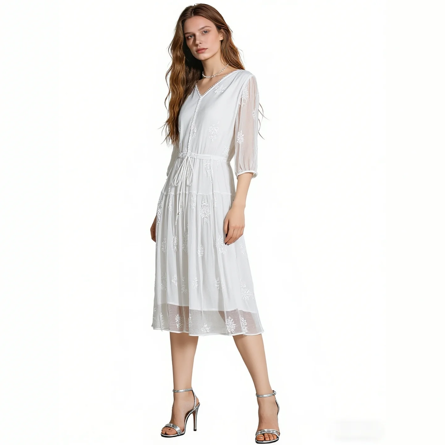 2026 Spring Women Floral Embroidered Chiffon Midi Dress V-Neck Puff Sleeve Tie Waist Tiered Casual Dresses White
2026 Spring Women Floral Embroidered Chiffon Midi Dress V-Neck Puff Sleeve Tie Waist Tiered Casual Dresses White