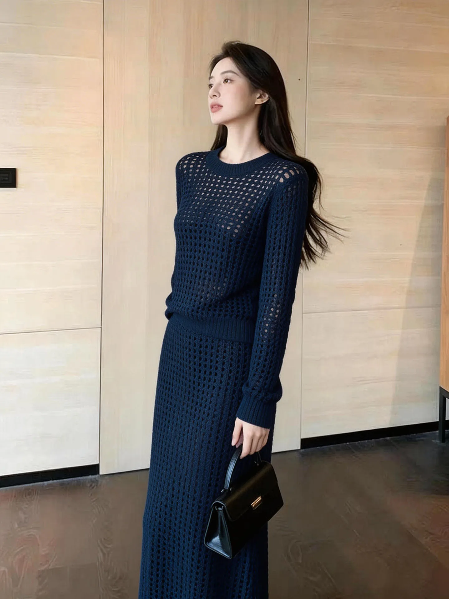 Early Spring 2026 Korean Sle Knitted Set Women's Long Sve Hollow out Navy Blue High Waist Skirt Faionable Lazy Chic
Early Spring 2026 Korean Sle Knitted Set Women's Long Sve Hollow out Navy Blue High Waist Skirt Faionable Lazy Chic