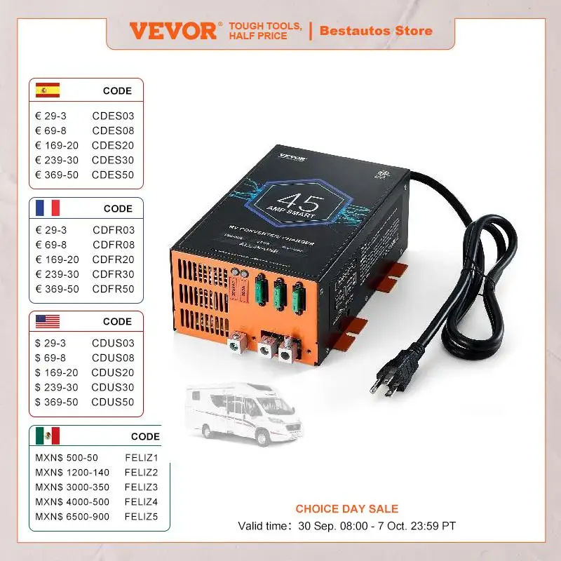 VEVOR RV преобразователь 45/55/80 Amp 110V от переменного тока до 12V DC зарядное устройство 4-ступенчатое умное зарядное устройство 13V до 16,5 V регулируемый Рабочий диапазон
VEVOR RV преобразователь 45/55/80 Amp 110V от переменного тока до 12V DC зарядное устройство 4-ступенчатое умное зарядное устройство 13V до 16,5 V регулируемый Рабочий диапазон