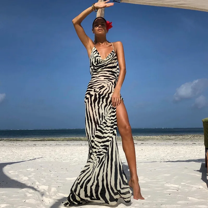 Zebra Stripe Criss-Cross Strap Women Vacation Style Dress Draped Neckline High Slit Casual Clothes Waisted Fashion Wear In Stock
Zebra Stripe Criss-Cross Strap Women Vacation Style Dress Draped Neckline High Slit Casual Clothes Waisted Fashion Wear In Stock