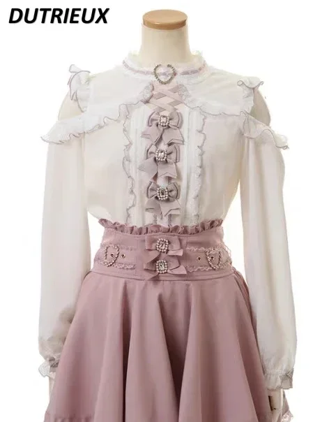 Japanese Women Shirt Sweet Pink Lolita Mine Sweet Lace Crochet Love Heart Bow Off Shoulder Long Sleeve Blouse Top Autumn Blusas
Japanese Women Shirt Sweet Pink Lolita Mine Sweet Lace Crochet Love Heart Bow Off Shoulder Long Sleeve Blouse Top Autumn Blusas